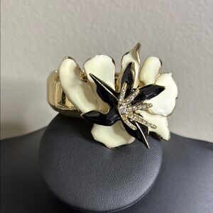 Floral Enamel Rhinestone Gold Black Floral Stretch Chunky Statement Bracelet